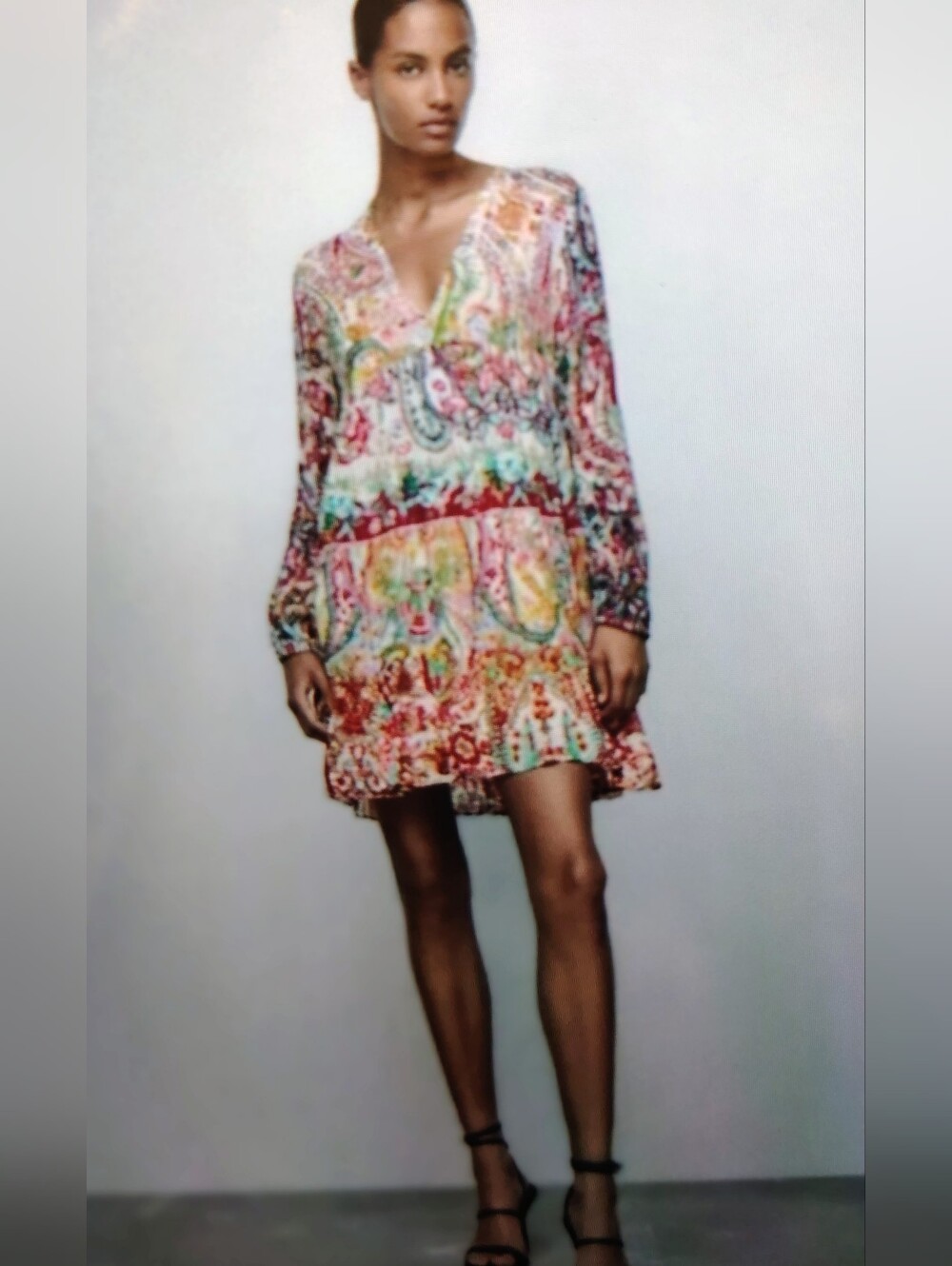*NEW* Zara Boho-chic Multi-Color Paisley Metallic Babydoll LS Mini Dress XS